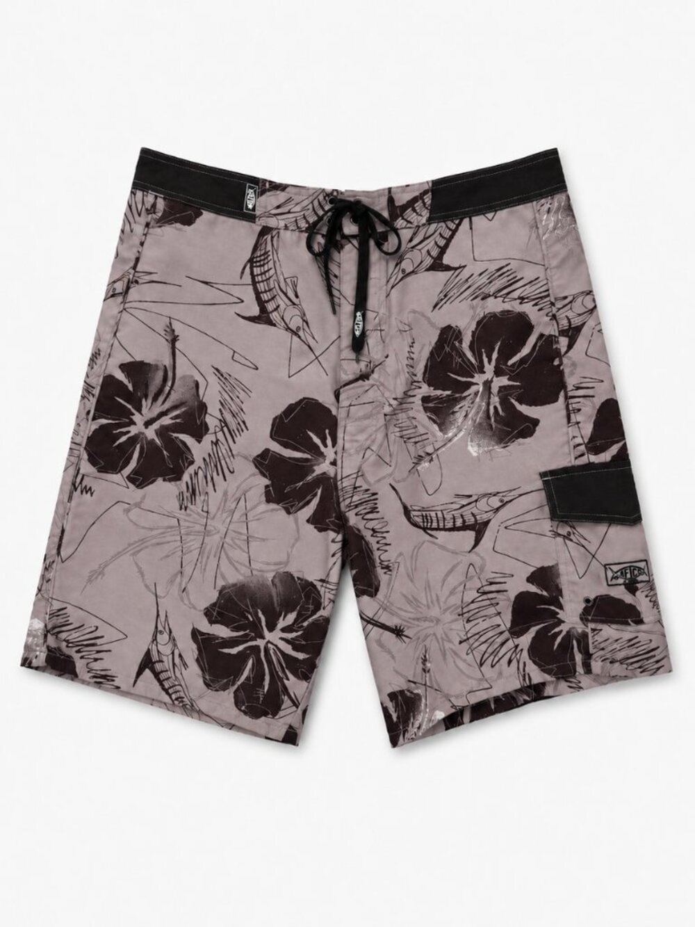 AFTCO Men’s Board Shorts Size Large Gray Black Hibiscus Fish Print Swim Trunks - Picture 2 of 6